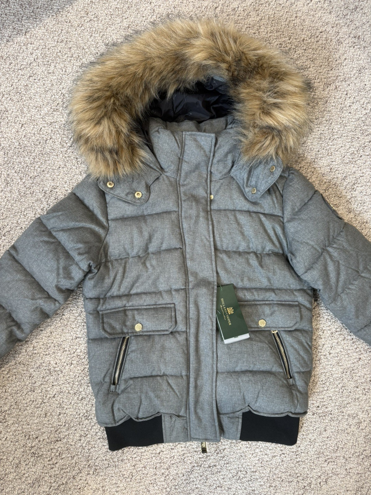 Holland Cooper Cervinia Puffer Grey tweed Jacket Coat faux Fur Hooded Small