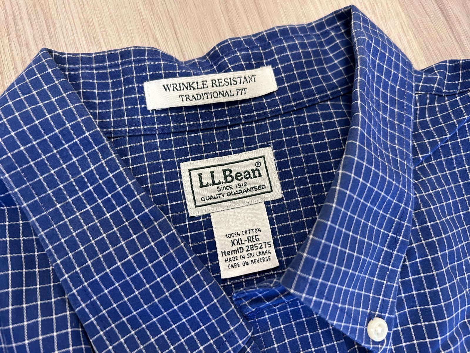 L.L. Bean Button Down Shirt XXL Short Sleeve Reg Fit Blue Plaid Cotton Casual