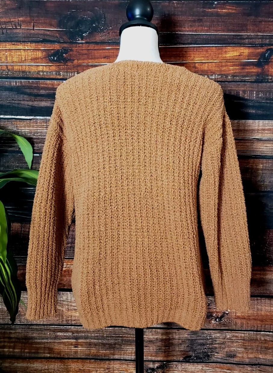 BiBi Sweater Small Sherpa Knit Soft Braided Front V-Neck Plush Warm Caramel Bev