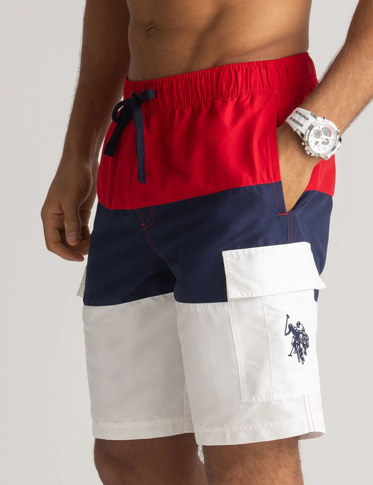 U.S. POLO ASSN. Tri-Colorblock Cargo Swim Trunks, ENGINE RED Color (CHOICE SIZE)