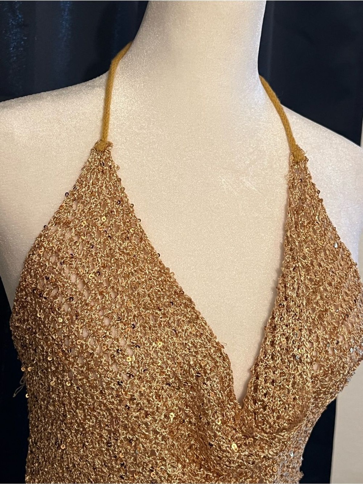 Gold Sequin Crochet Halter Cowl Top – Size S