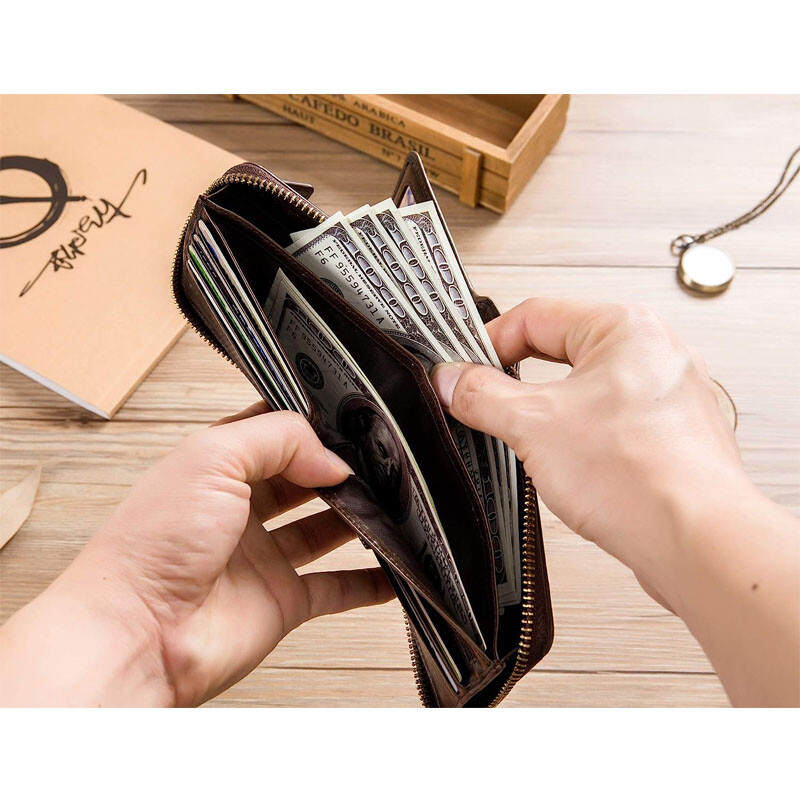 Zipper Wallet Mens Genuine Leather RFID Blocking Bifold Zip Around Card Holder W