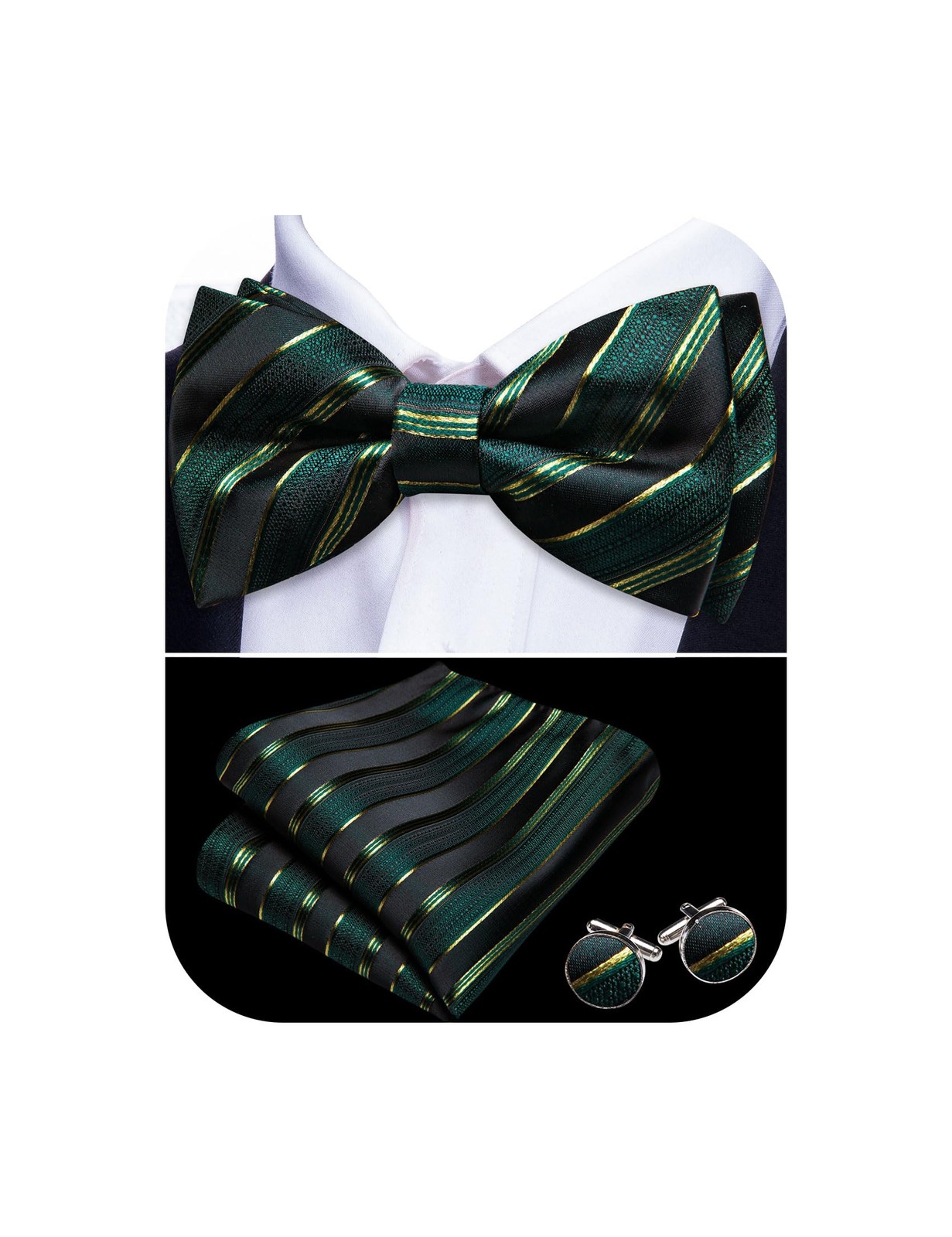 Barry.Wang Green Black Bow Tie for Men Striped Silk One Size, B