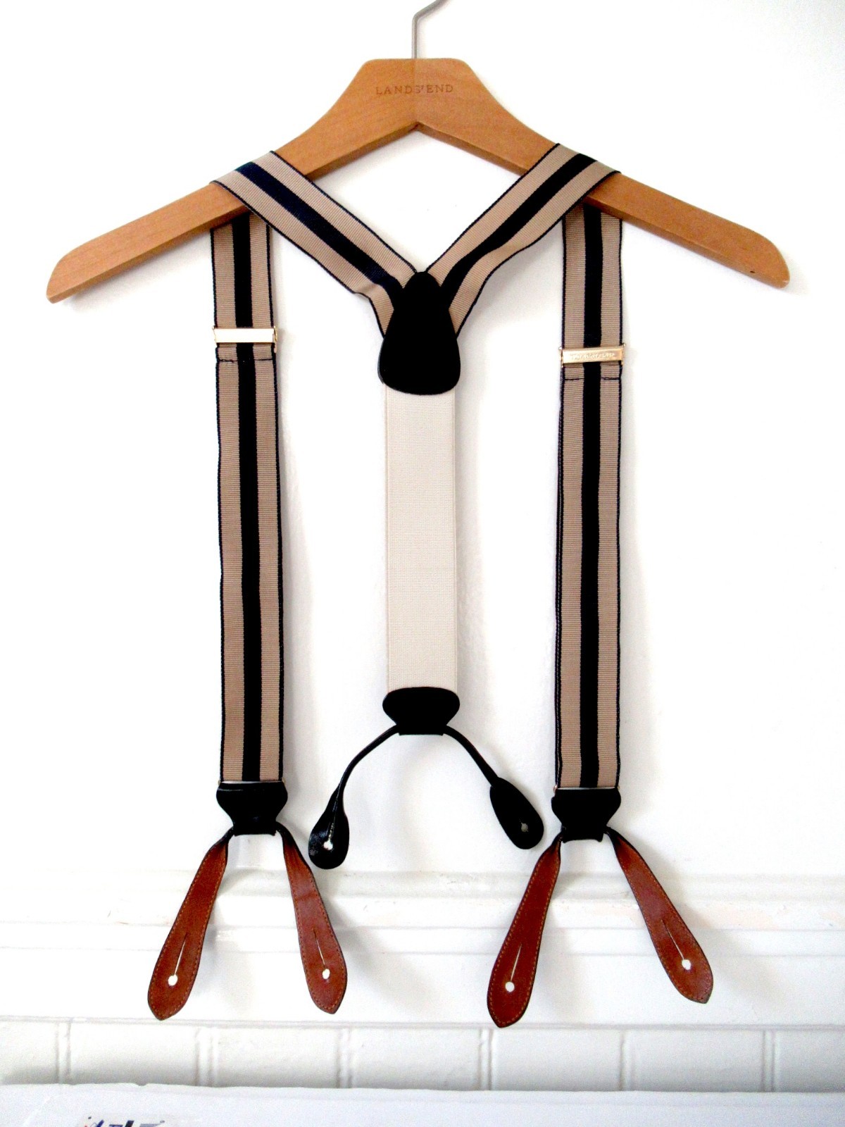 Trafalgar beige navy blue stripe Button End Suspenders Leather Made in England