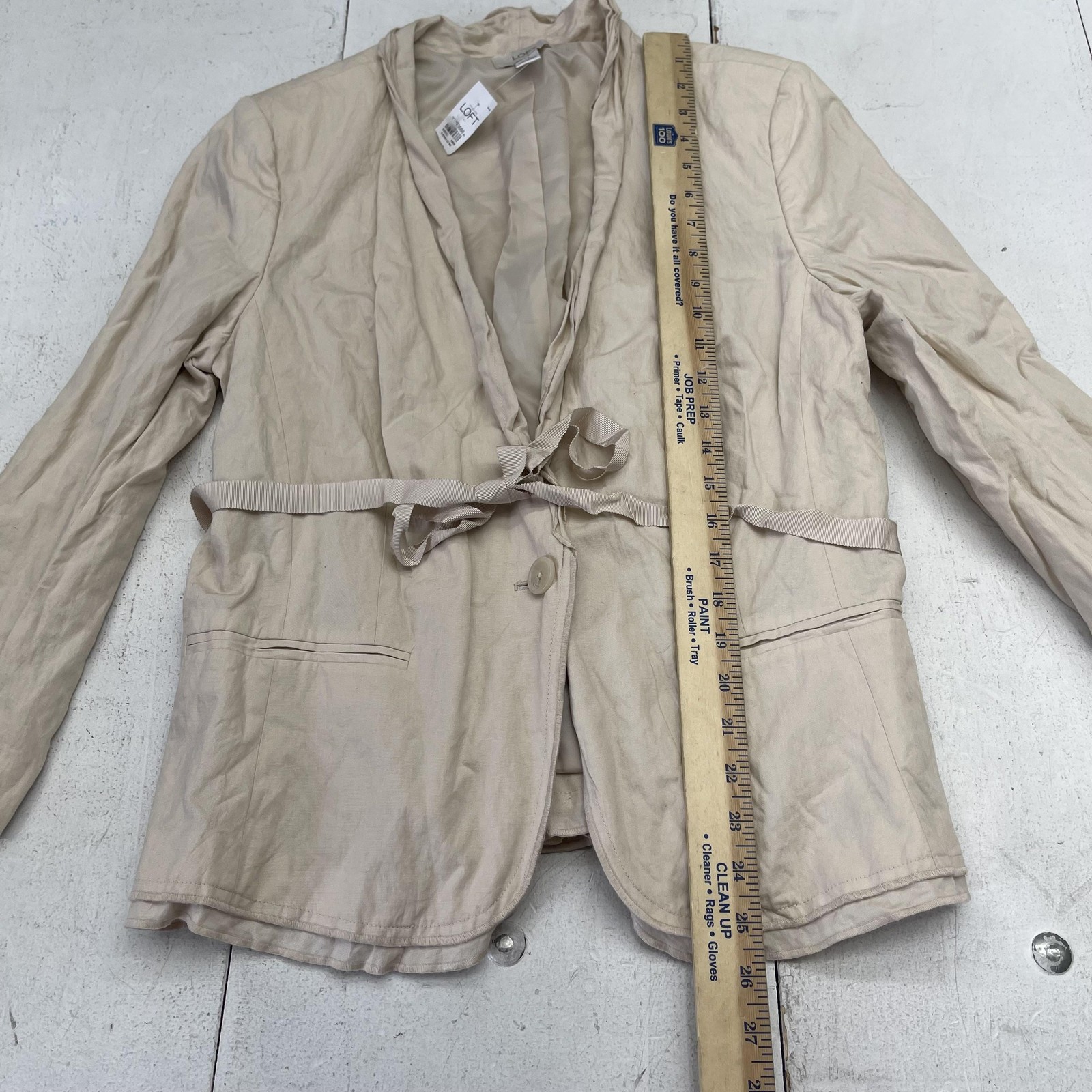 LOFT Blazer Jacket Womens 14 Beige Collarless Belted Tie Waist Lined Lightweight