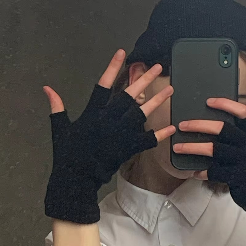 Winter Fingerless Gloves Open Finger Black Soft Warm Knitted Glove Unisex *AUS*