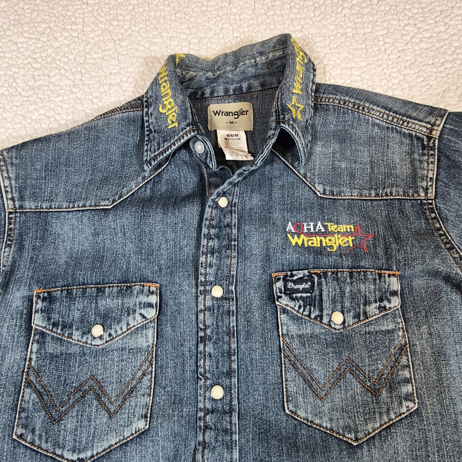 Wrangler Pearl Snap Denim Long Sleeve Shirt Mens Medium American Quarter Horse