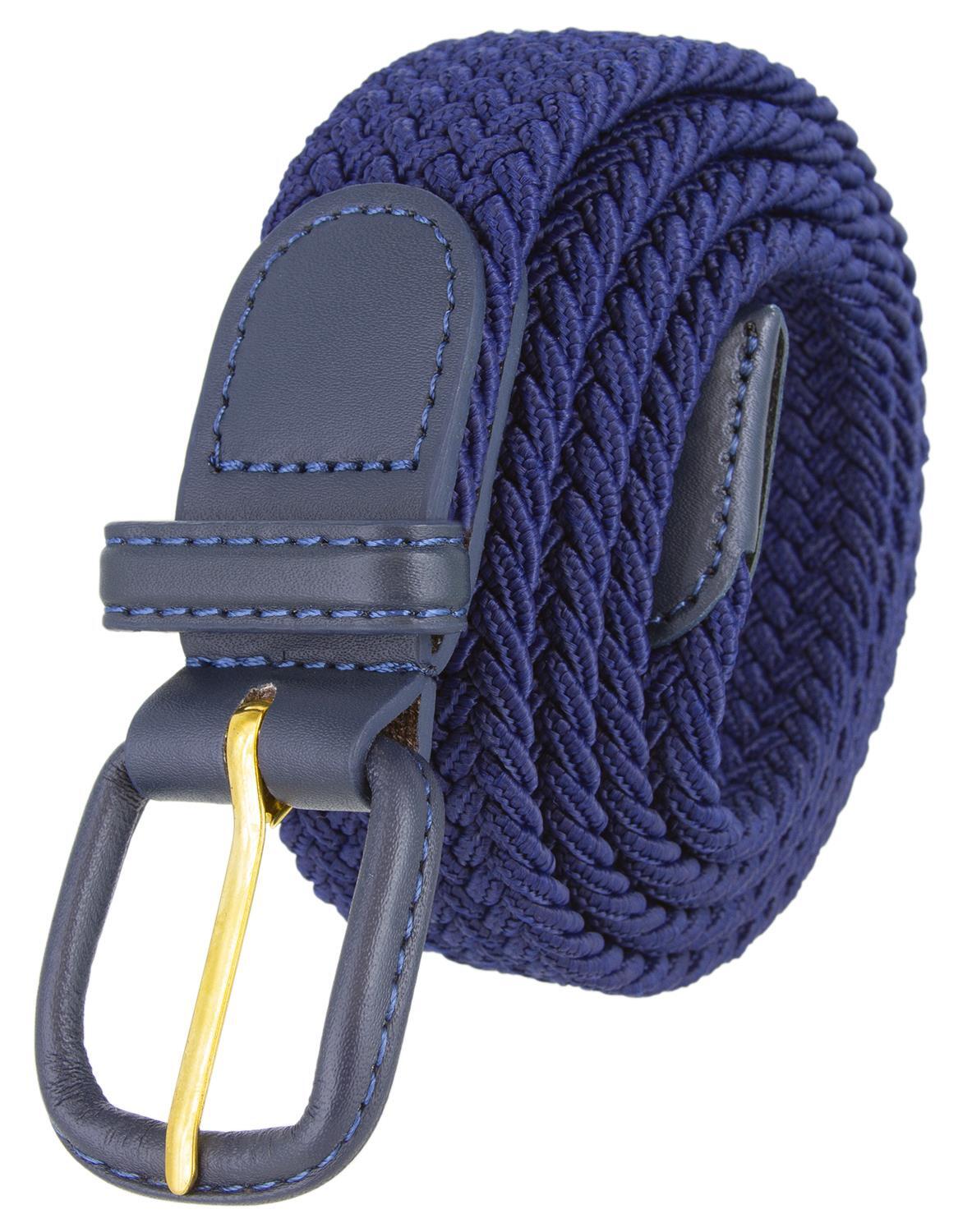 Navy Stretch Belt Leather Covered Buckle Woven Elastic Stretch Belt 1-1/4″ Wide