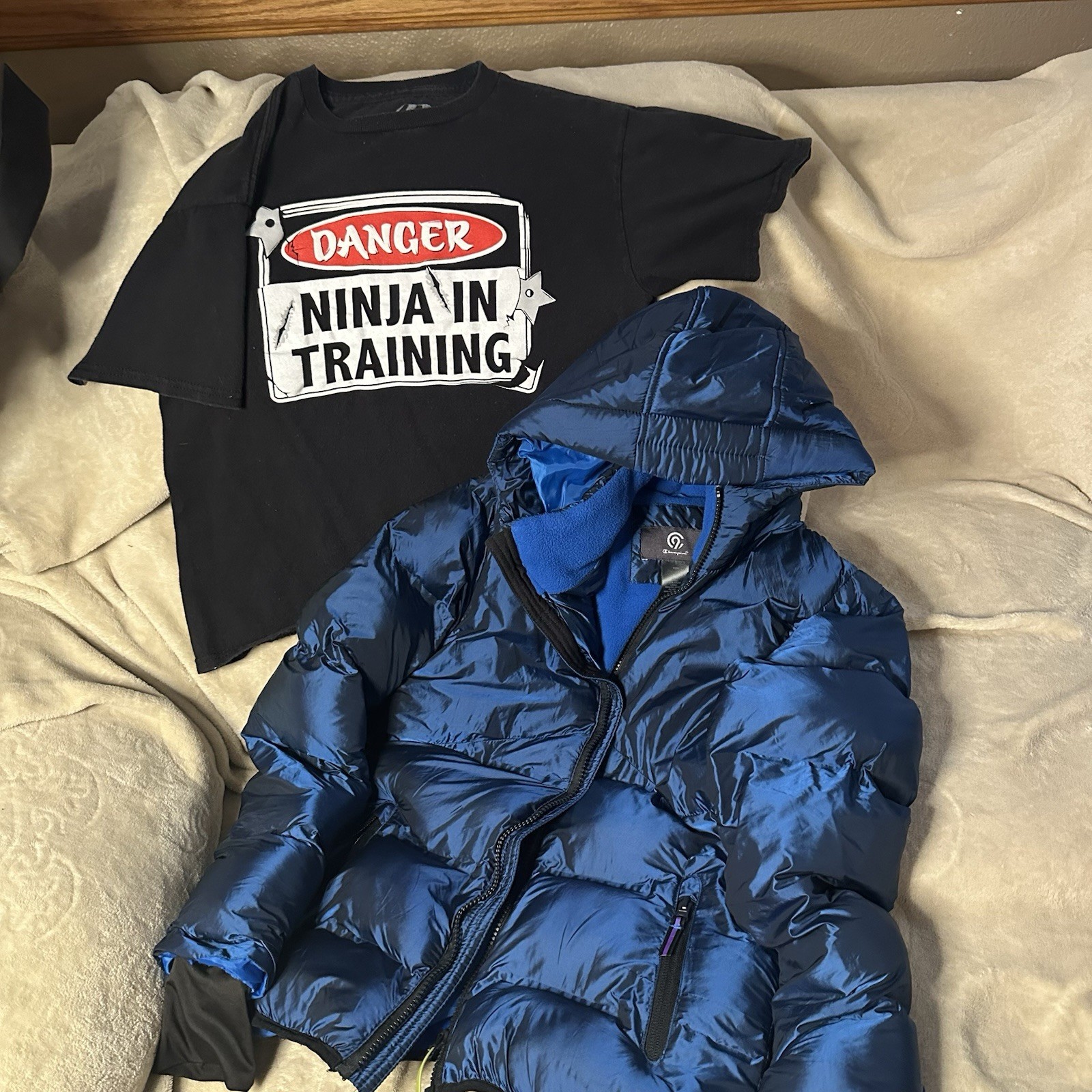 Champion Men’s Blue Hooded Puffer Jacket Zip Quilted Logo Size L