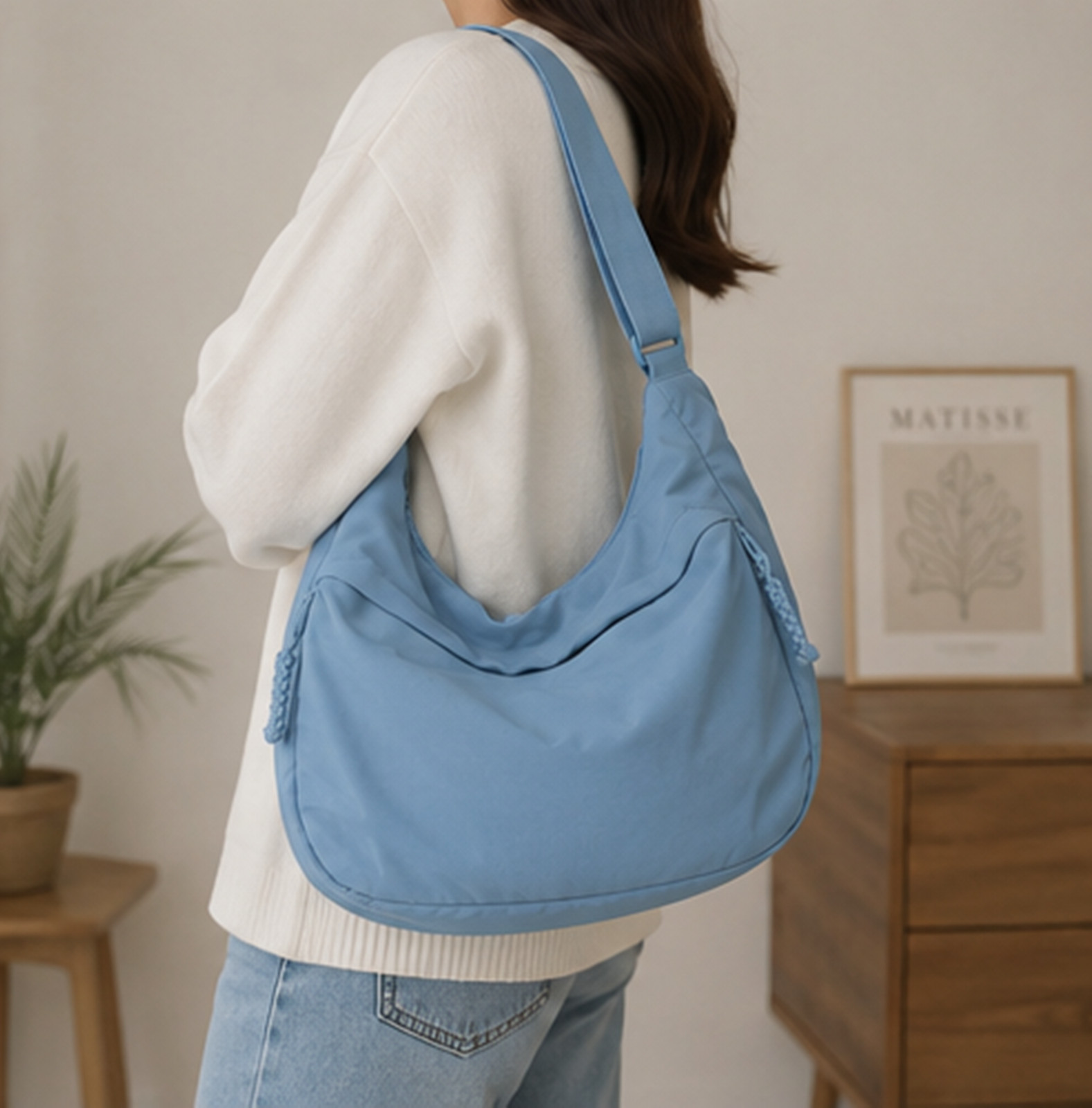 Blue Minimalist Bag, Neutral Half Moon Shoulder Bag