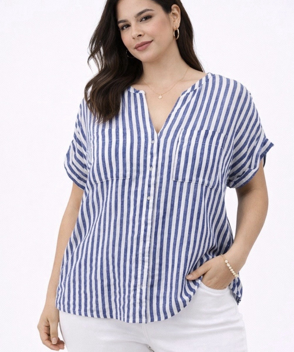 Boden Womens 100% Linen Striped Short Sleeve Button Up Blouse US 14 R