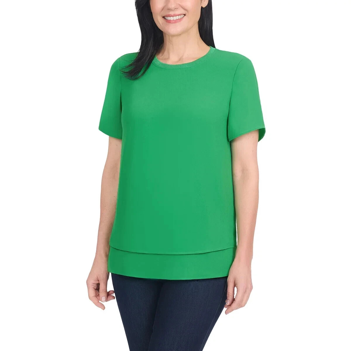 Hilary Radley Women’s Short Sleeve Double Layer Blouse, Green, Size XL