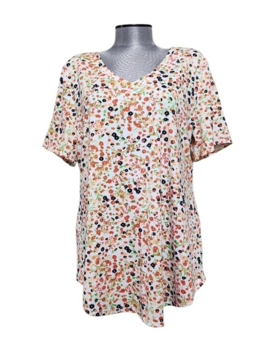 LuLaRoe Vibrant Mini Floral Print Short Sleeve V-Neck Top (L)