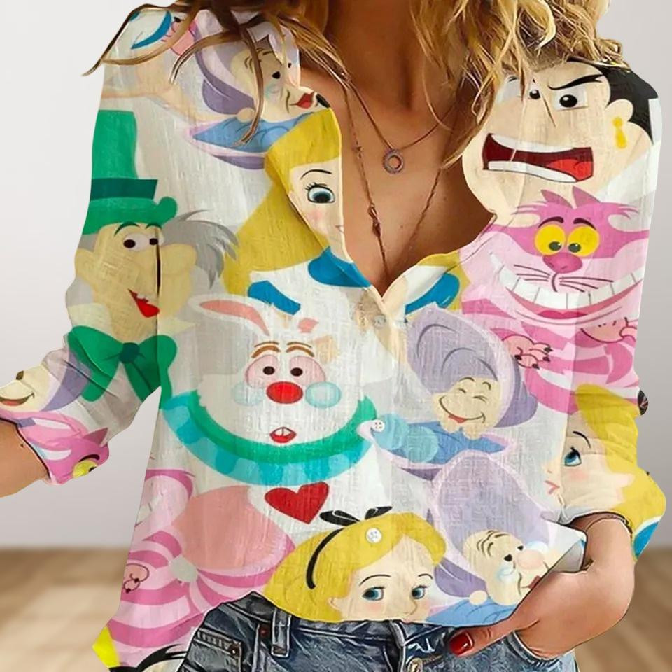 Alice In Wonderland Women Shirt Wonderland Character Casual Shirt Disney Linen L