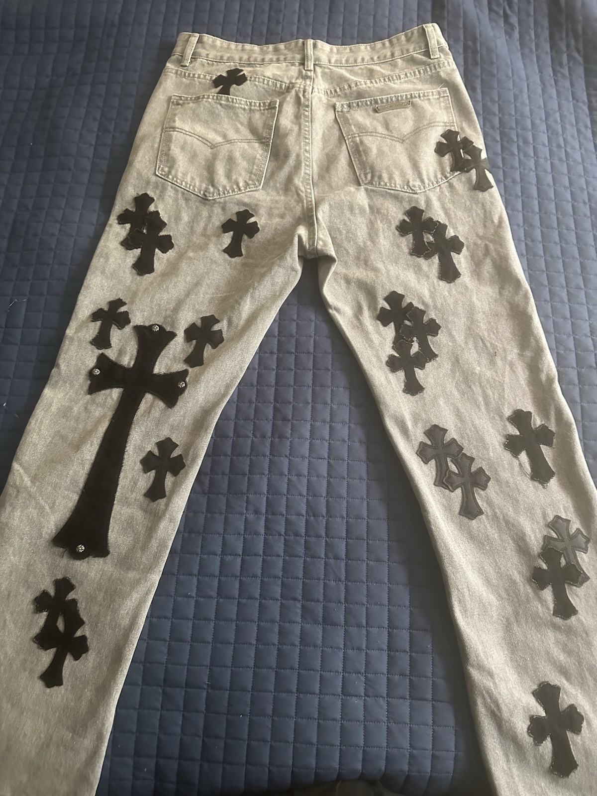 Chrome Hearts Men’s Gray Denim Straight Jeans Black Cross Patches Button Fly