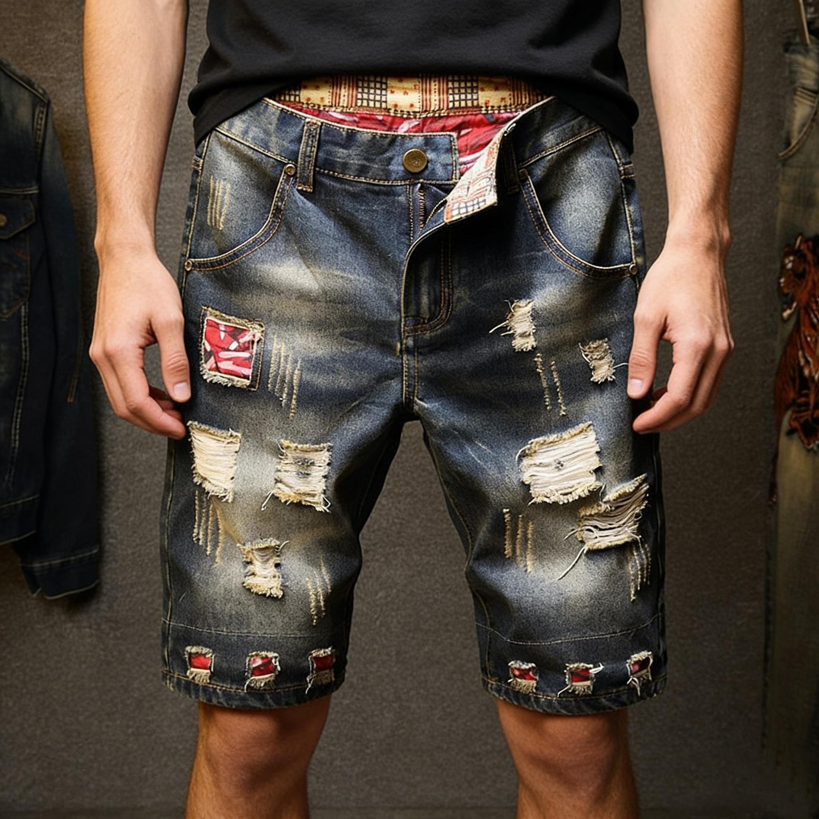 Men’s Vintage Ripped Denim Shorts Casual Loose Street Style Summer