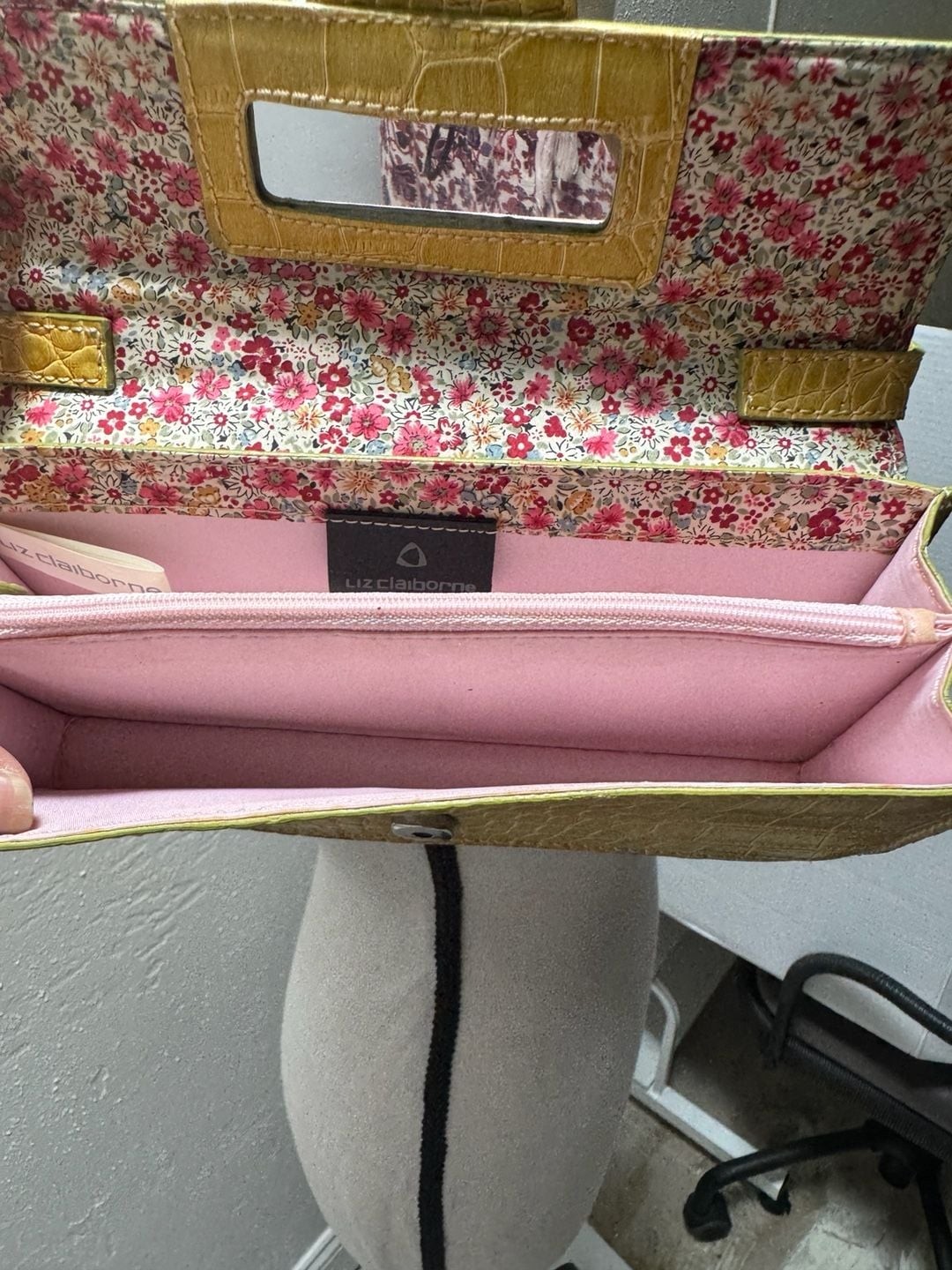 Liz Claiborne Accessories Yellow Faux Croc Embossed Shoulder Bag with Floral Int