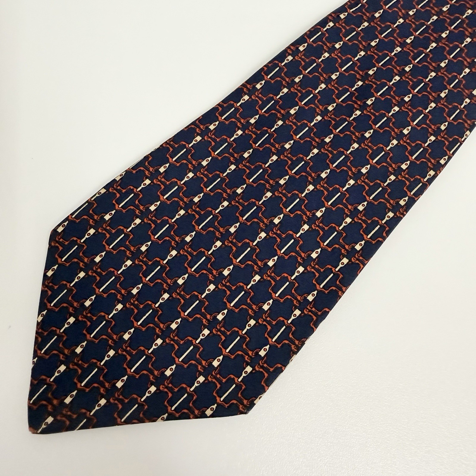 Hermes Men’s Tie Chain Links Navy/Red/Khaki Silk 703 OA 3 1/8″ (W) x 55″ (L) euc