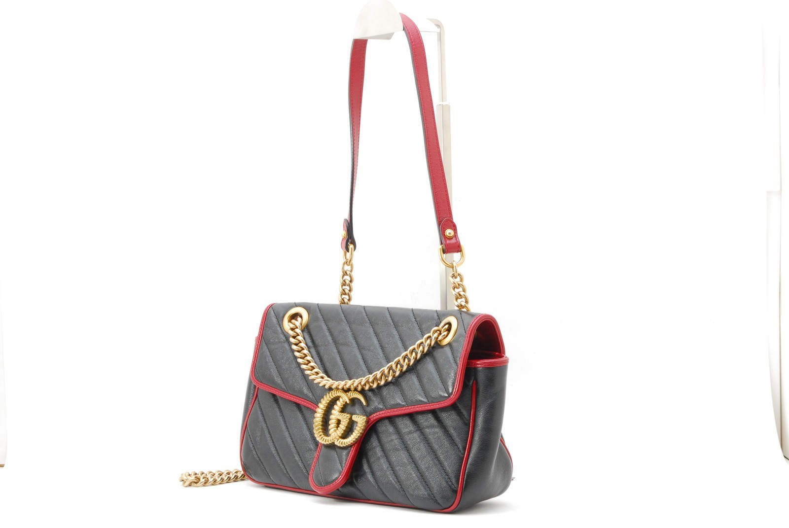 Gucci GG Marmont Shoulder Bag Black Red Trim Chain 443497