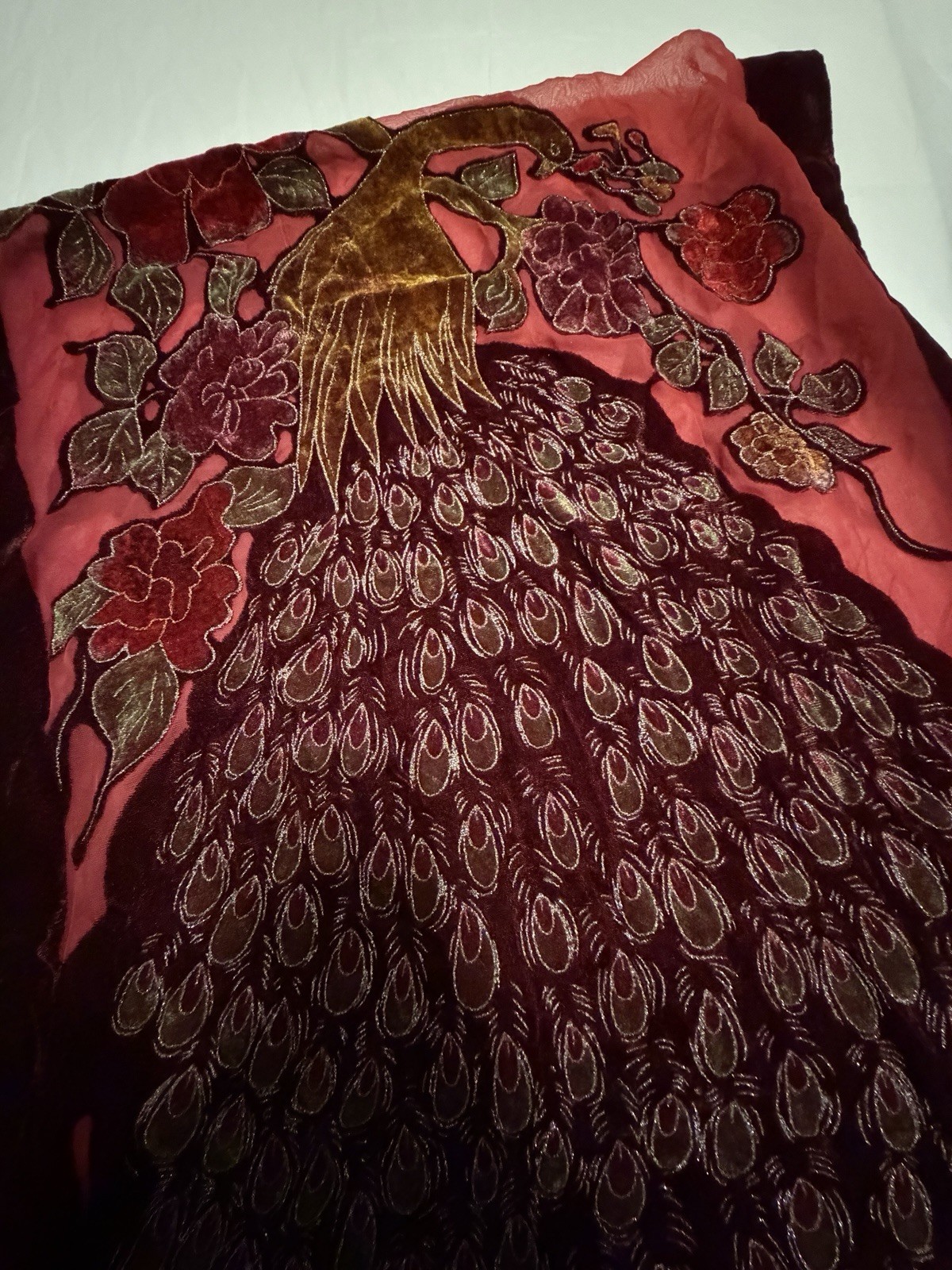 Velvet Peacock Table Runner Burgundy Pink Floral Fringe Embroidered 60″ Decor