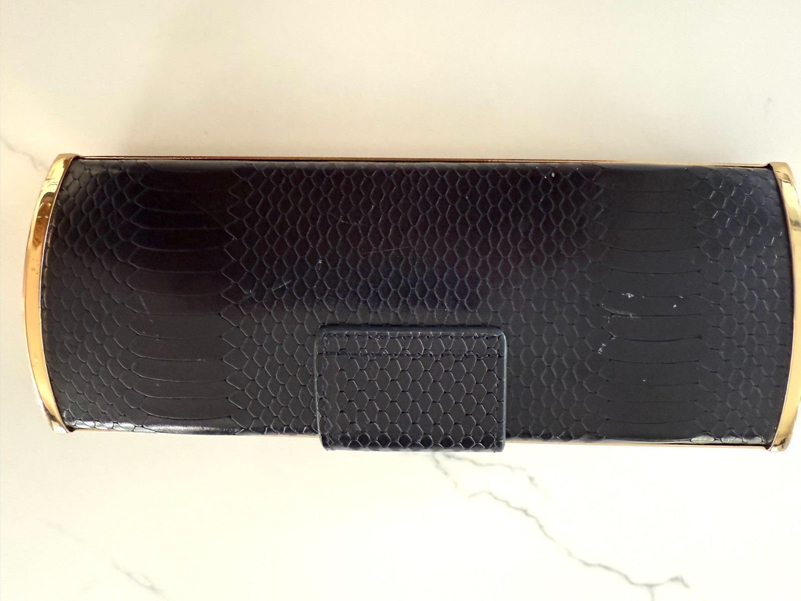 Tory Burch Embossed Black Leather Hard Shell Clutch with Gold Trim and Gold Logo