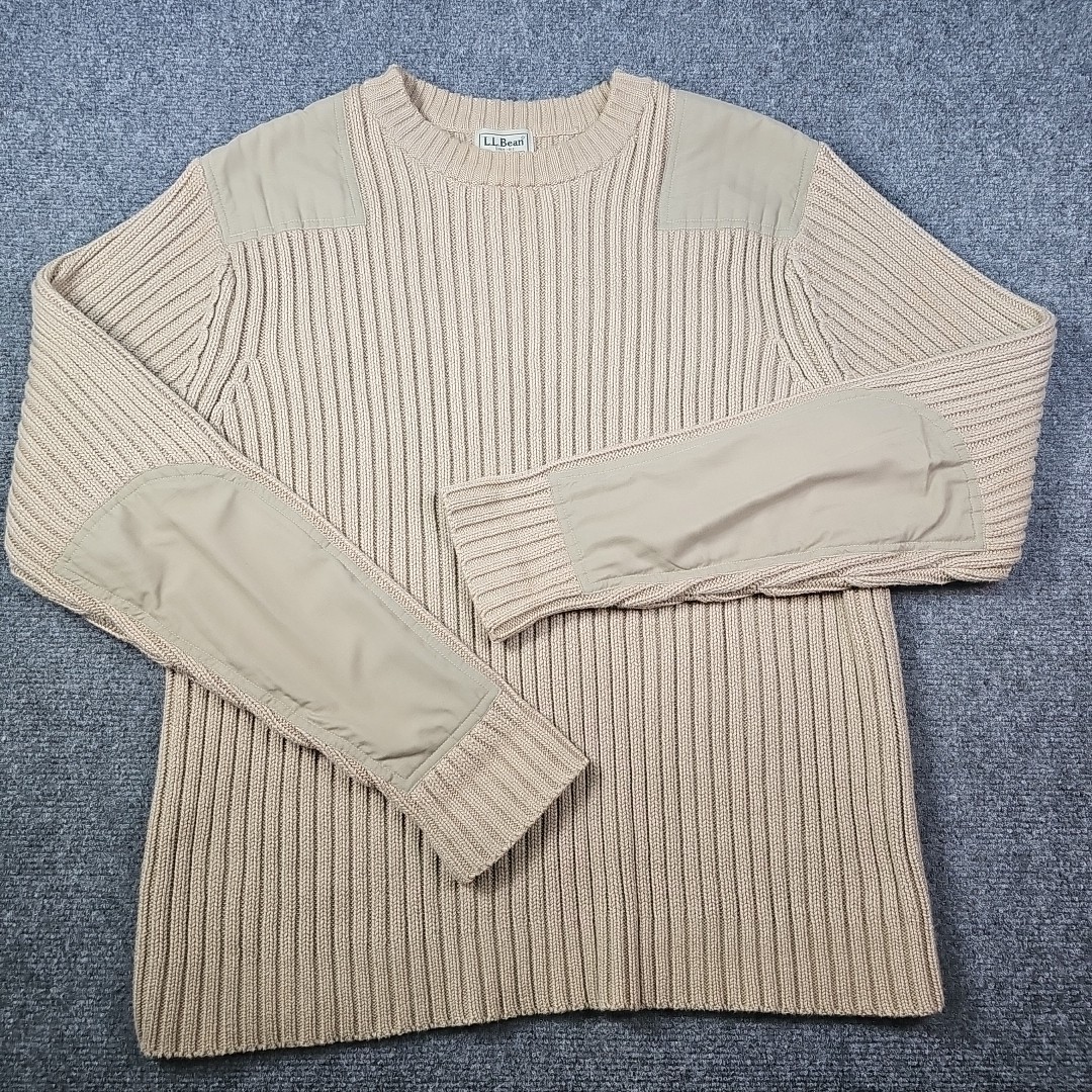 LL Bean Mens Medium Reg Commando Sweater Cotton Ribbed Elbow Patch 0BYK5 Khaki