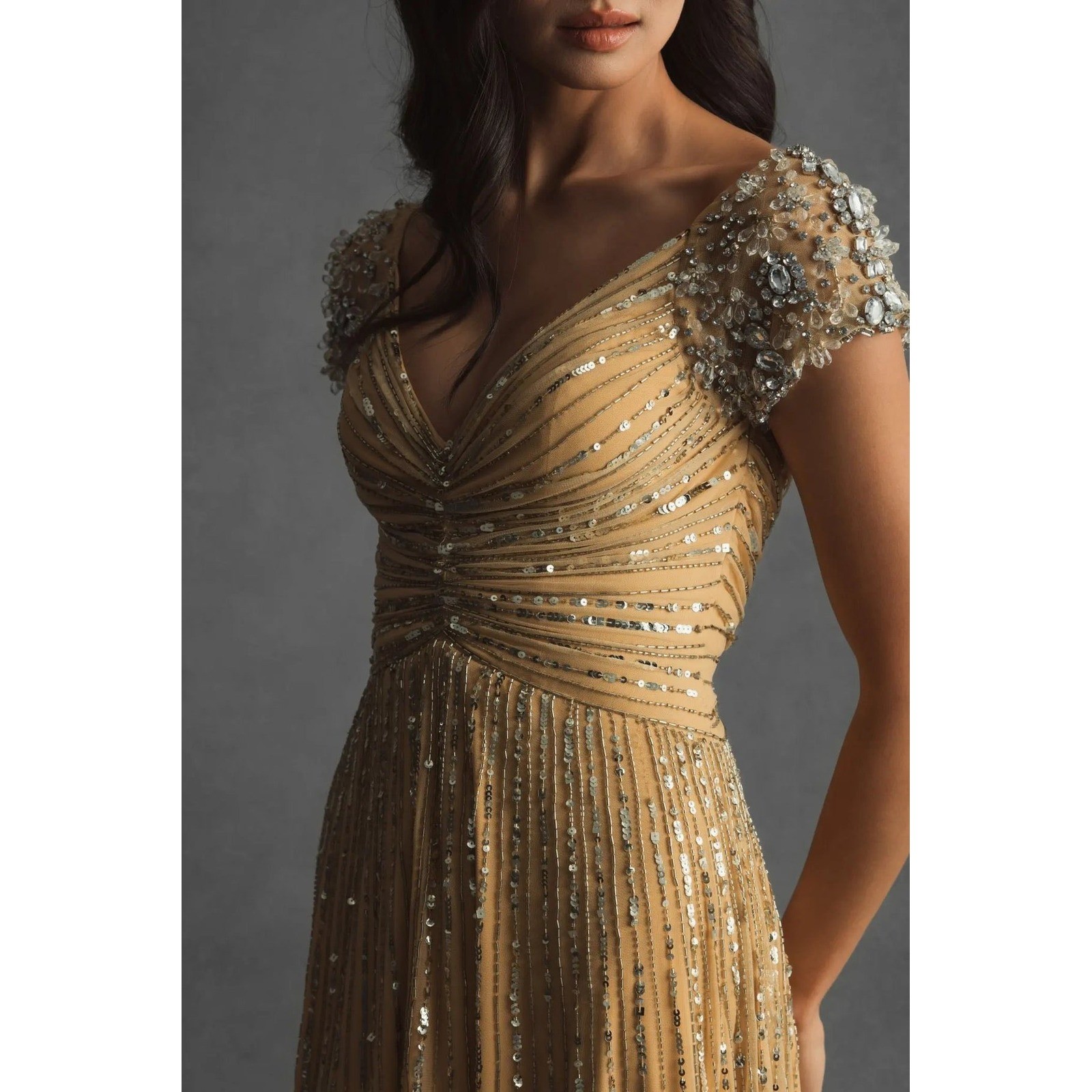Luxury Gold Sequined Evening Gown With Embellished Shoulders Customized Dresses