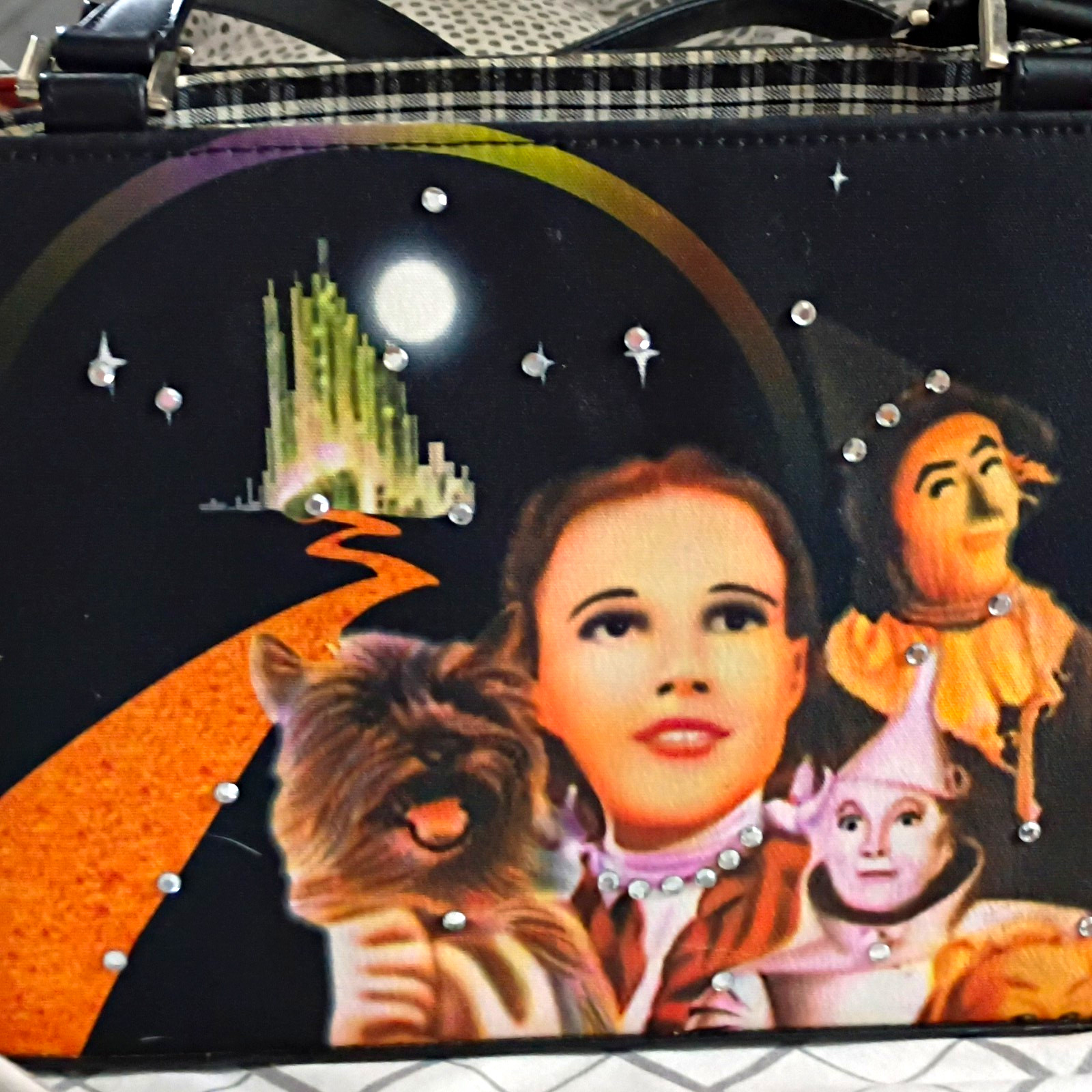 Wizard of Oz Graphic Print Black Shoulder Bag Studded Rhinestones Medium