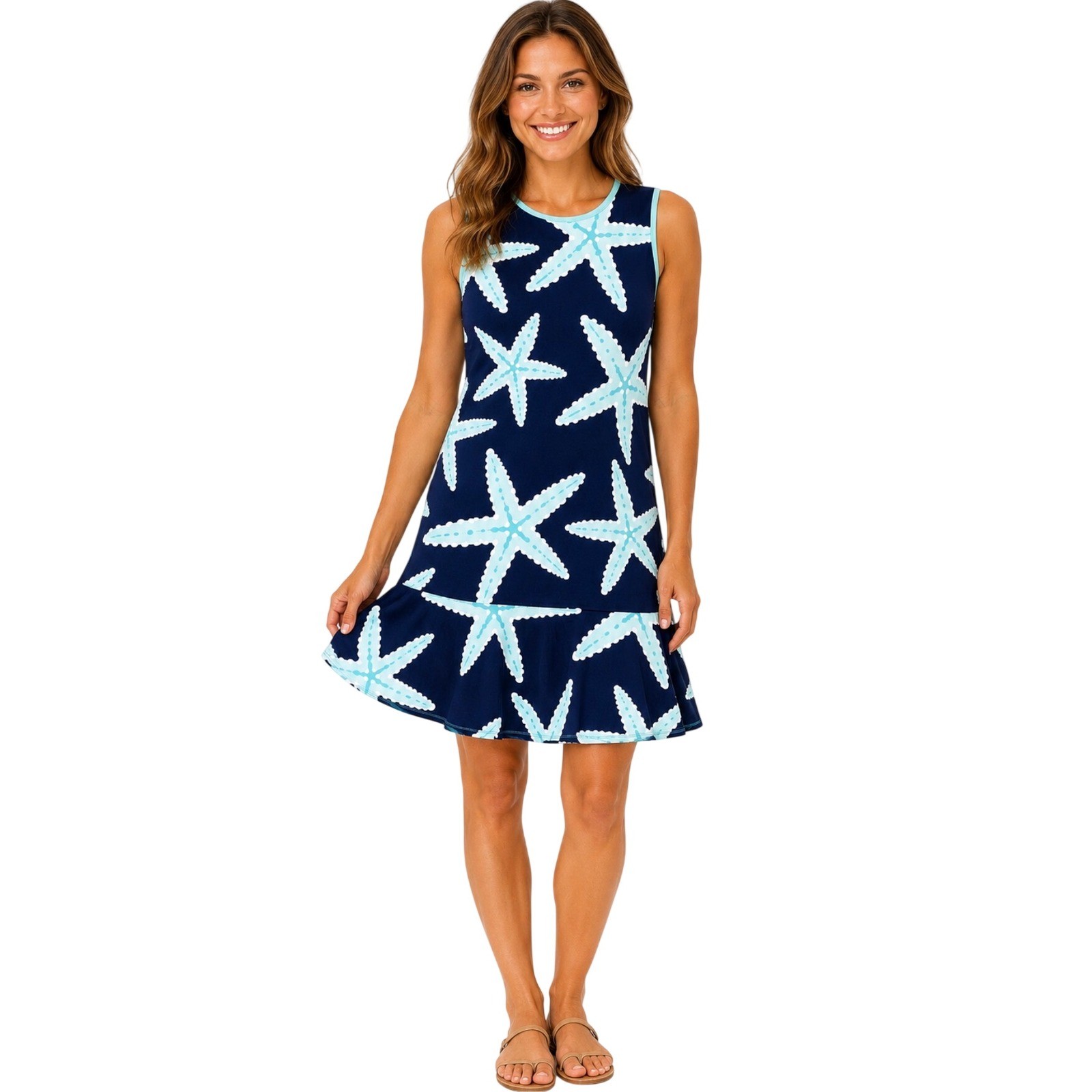 AnaClare Starfish Print Drop Waist Ruffle Hem Sleeveless Dress Navy Blue XS