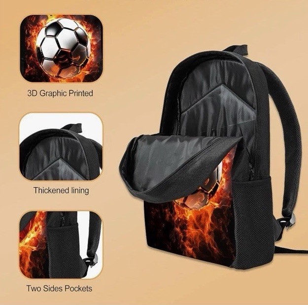 SOCCER Backpack Lunchbox Pencil Case Ball Flames Kids School Set World Cup Vibes