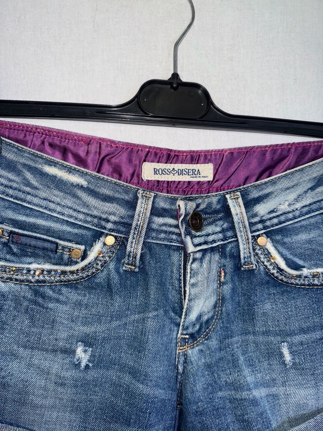 Rossodisera Low Rise Distressed Denim Studded Shorts with Zipper Pockets