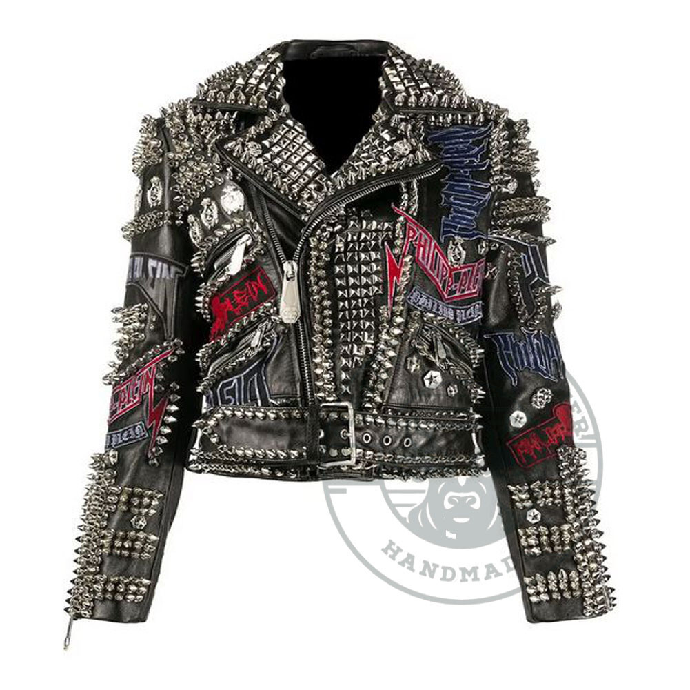 Handcrafted Men’s Heavy Spiked Studded, Patches Punk Fashion Leather Jacket