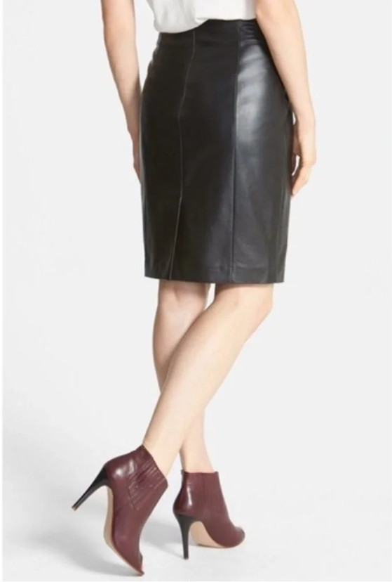 Halogen Leather Pencil Skirt Above-the-Knee with Diagonal Front Seam EUC Size 4