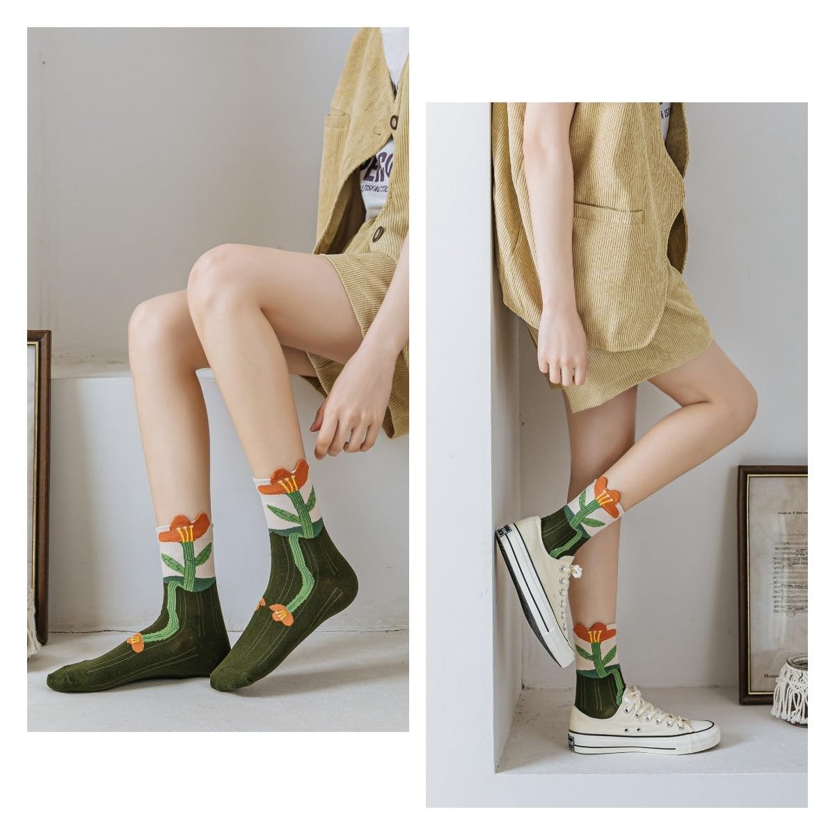5/10 Pairs Embroidered Floral Socks for Women Combed 5-8, 5 Pairs-set C