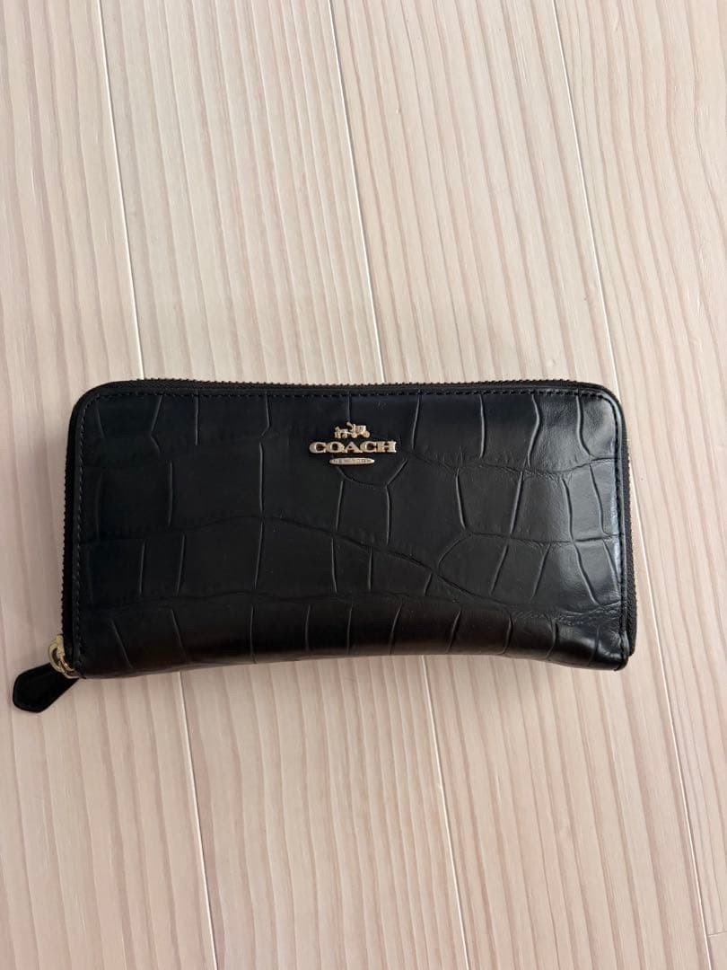 COACH Long Wallet Black Crocodile Embossed Round Zipper