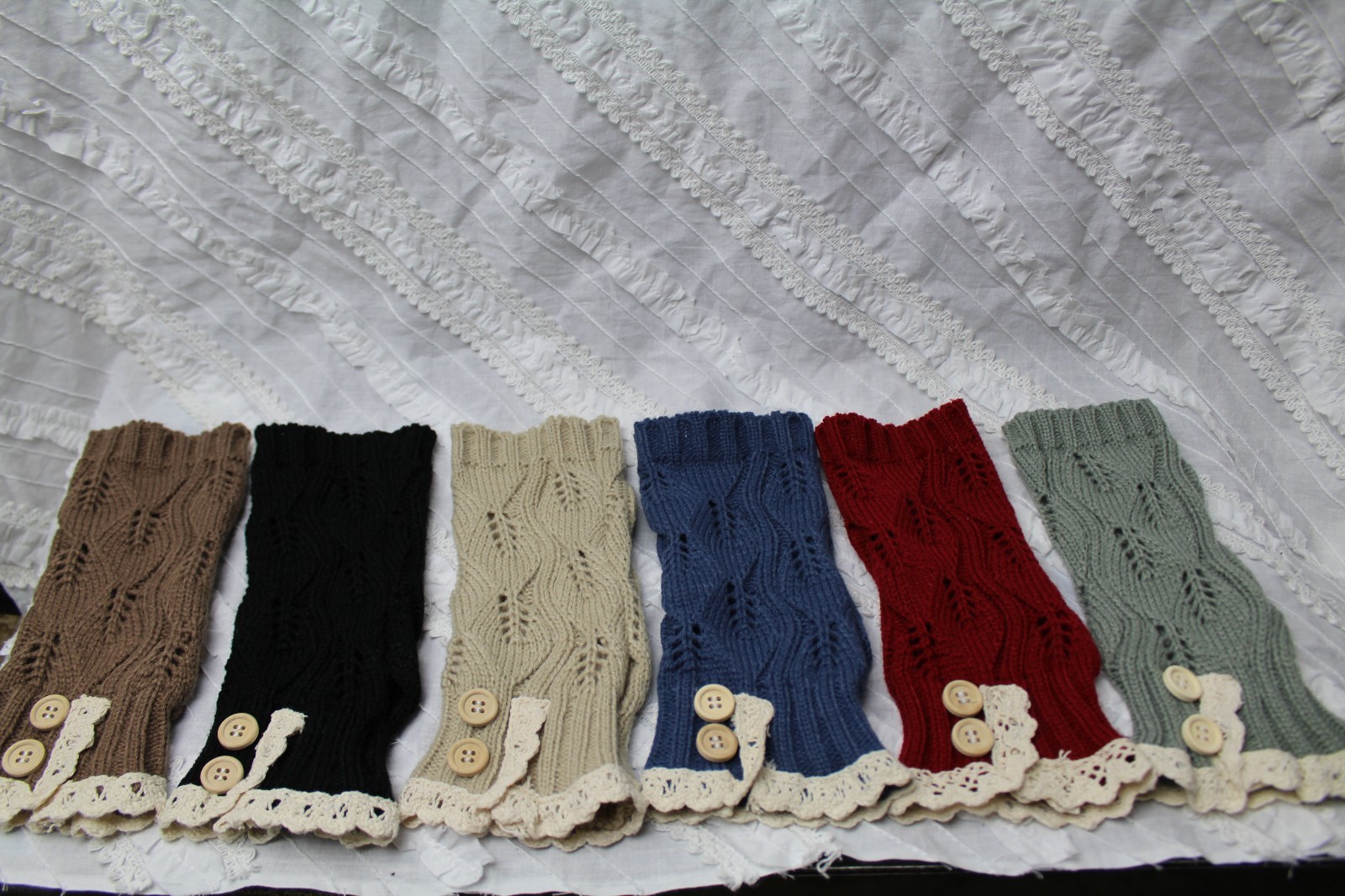 Fingerless Gloves Lace and Button Accent Leaf Pattern Knit New Colors!