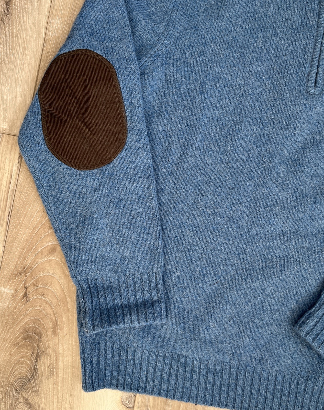 LL Bean Mens 100% Wool Shetland Sweater 1/4 Zip Pullover Elbow Patch Blue Size L