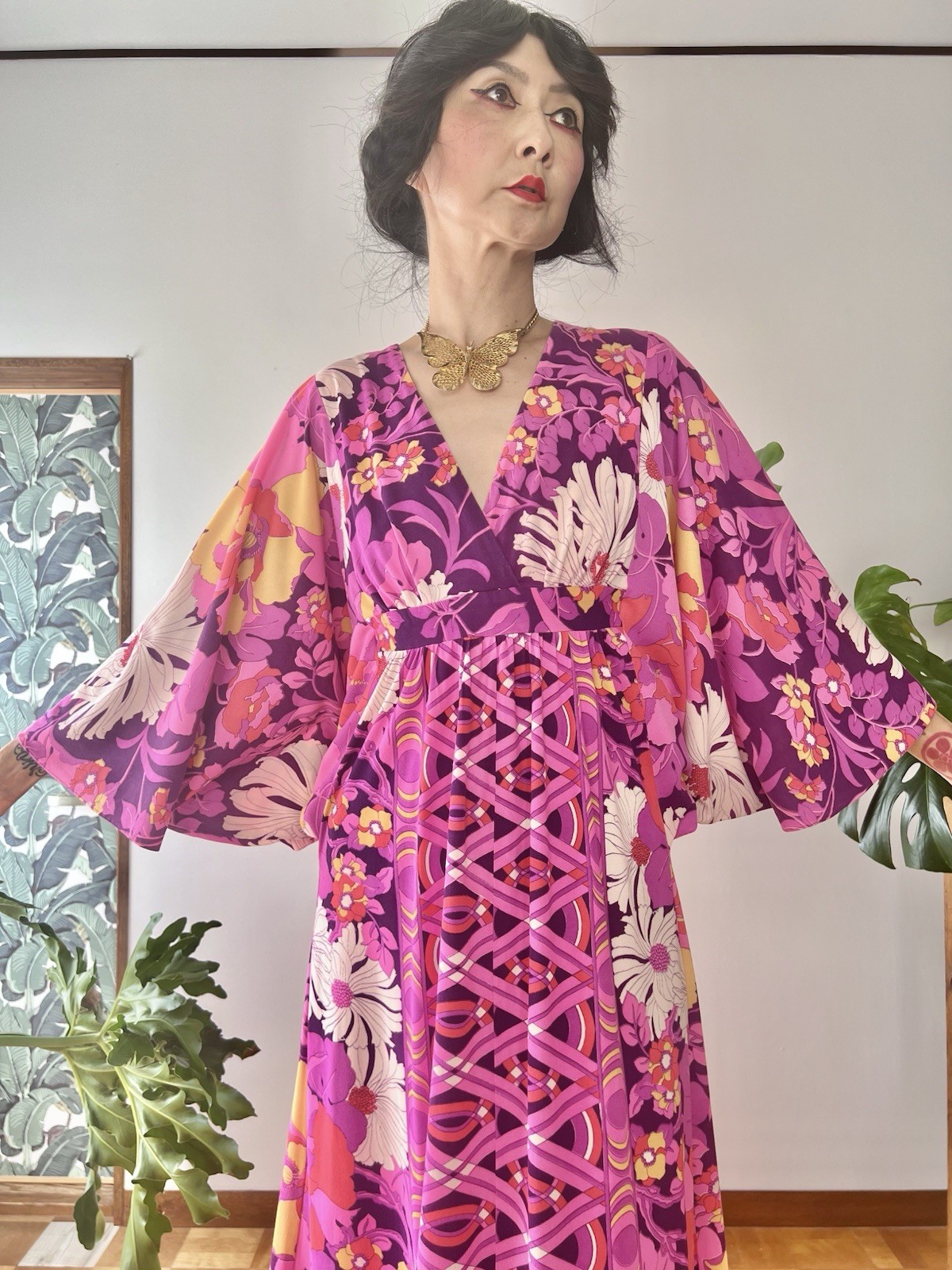 1970s Mr. B of California Psychedelic Floral Wing Sleeve Caftan Dress Maxi Gown