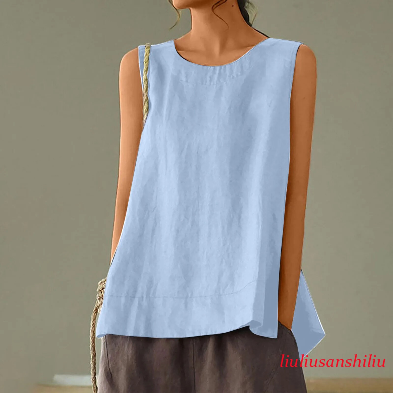 Solid Color Casual Cotton Linen Sleeveless Round Neck Soft and Breathable Top