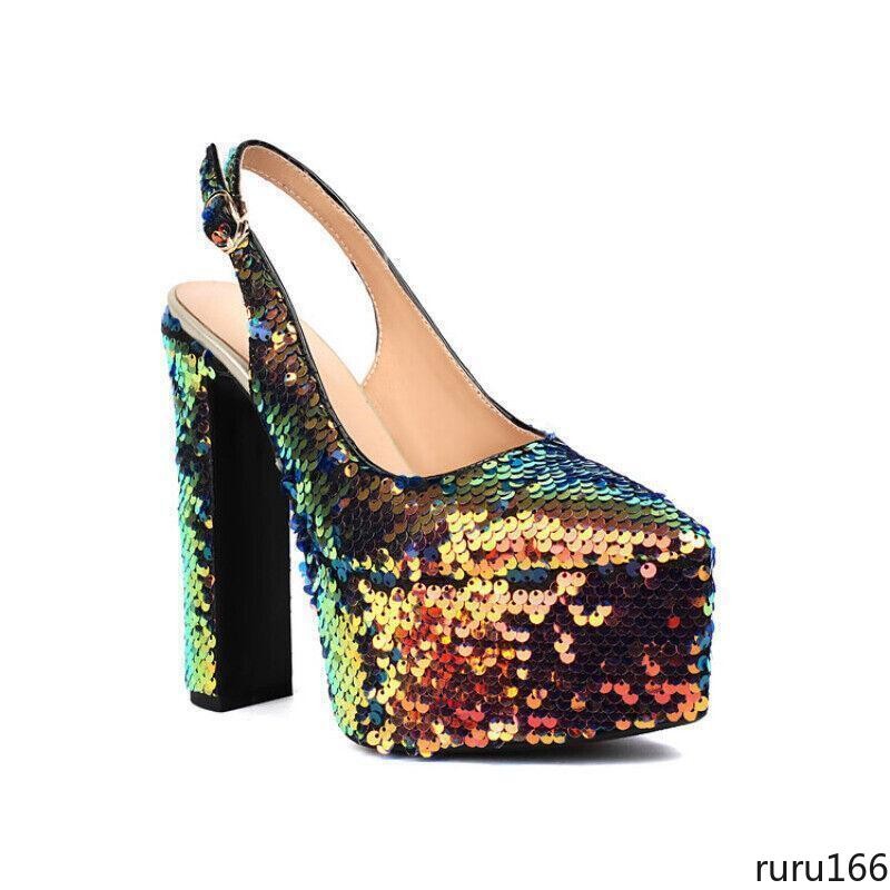 Women Sequin Platform Slingback Square Toe Block High Heel Buckle Pumps shoes