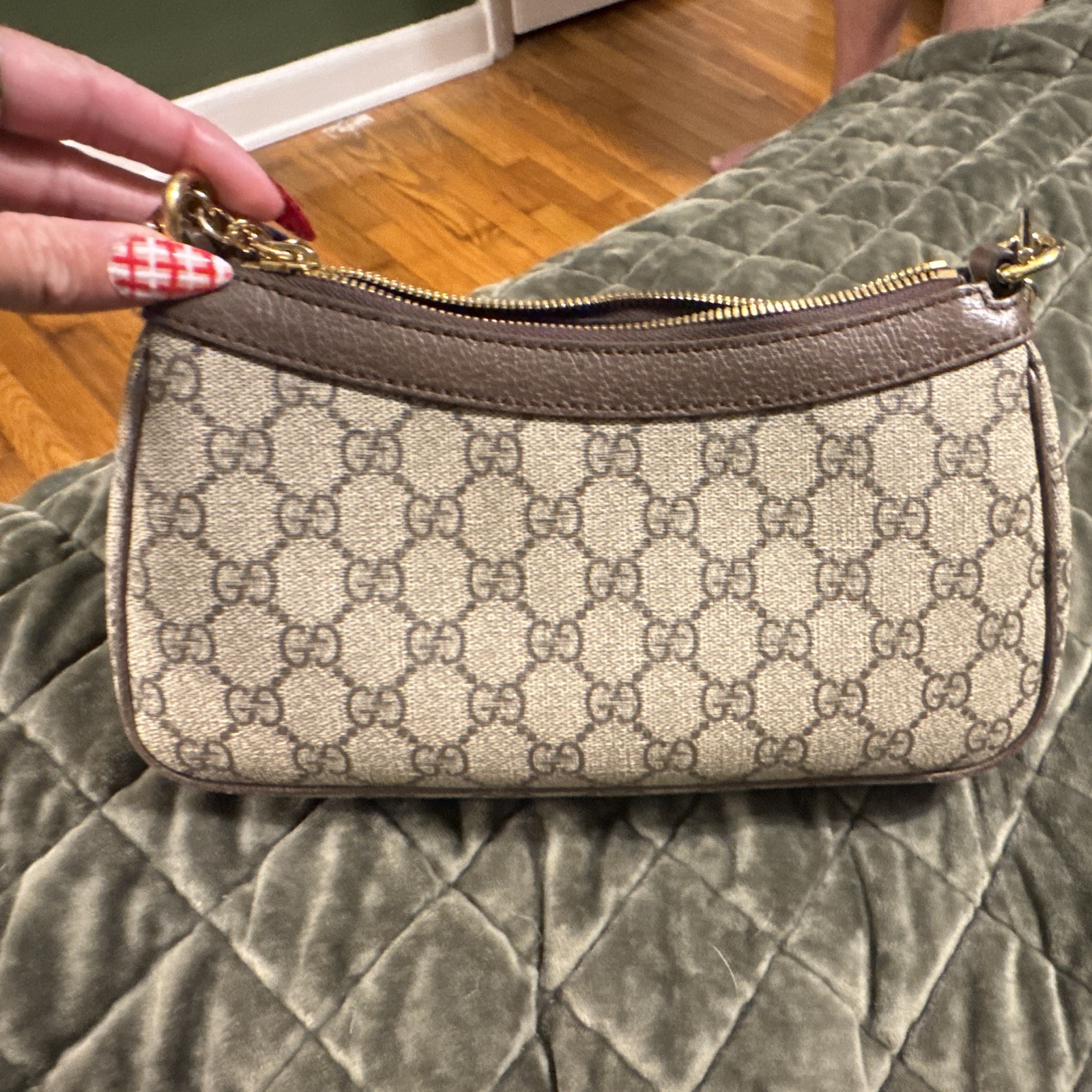 Gucci GG Pattern Small Crescent Shoulder Bag Zip Chain Strap Gold Beige Brown