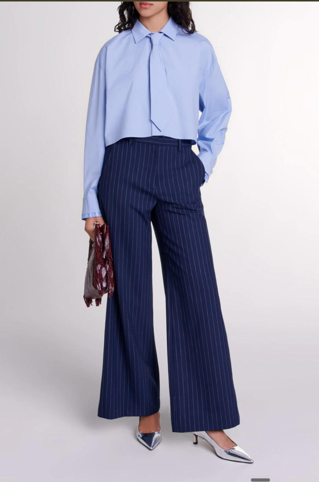 NWT Maje Light Blue Cropped Button Down Shirt with Removable Tie Size S Small