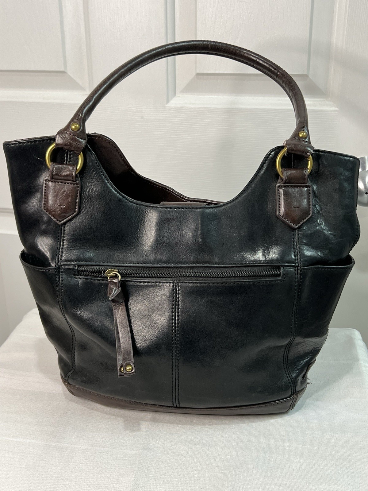 Tignanello Black Leather And Brown Man Made Trim Color Block Shoulder Bag