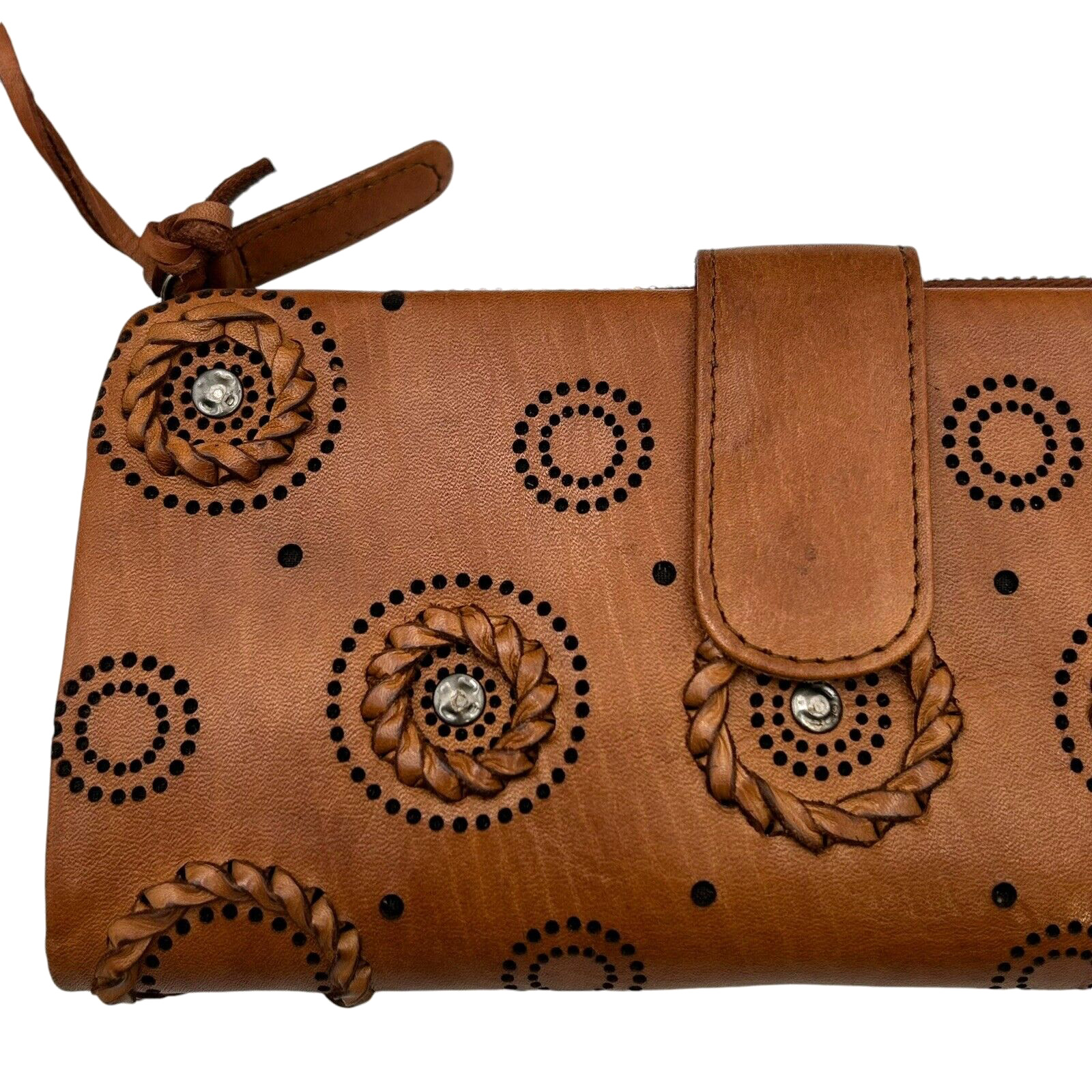 VILENCA Women’s Leather Flap Wallet With Circular Details Brown Metal Accents