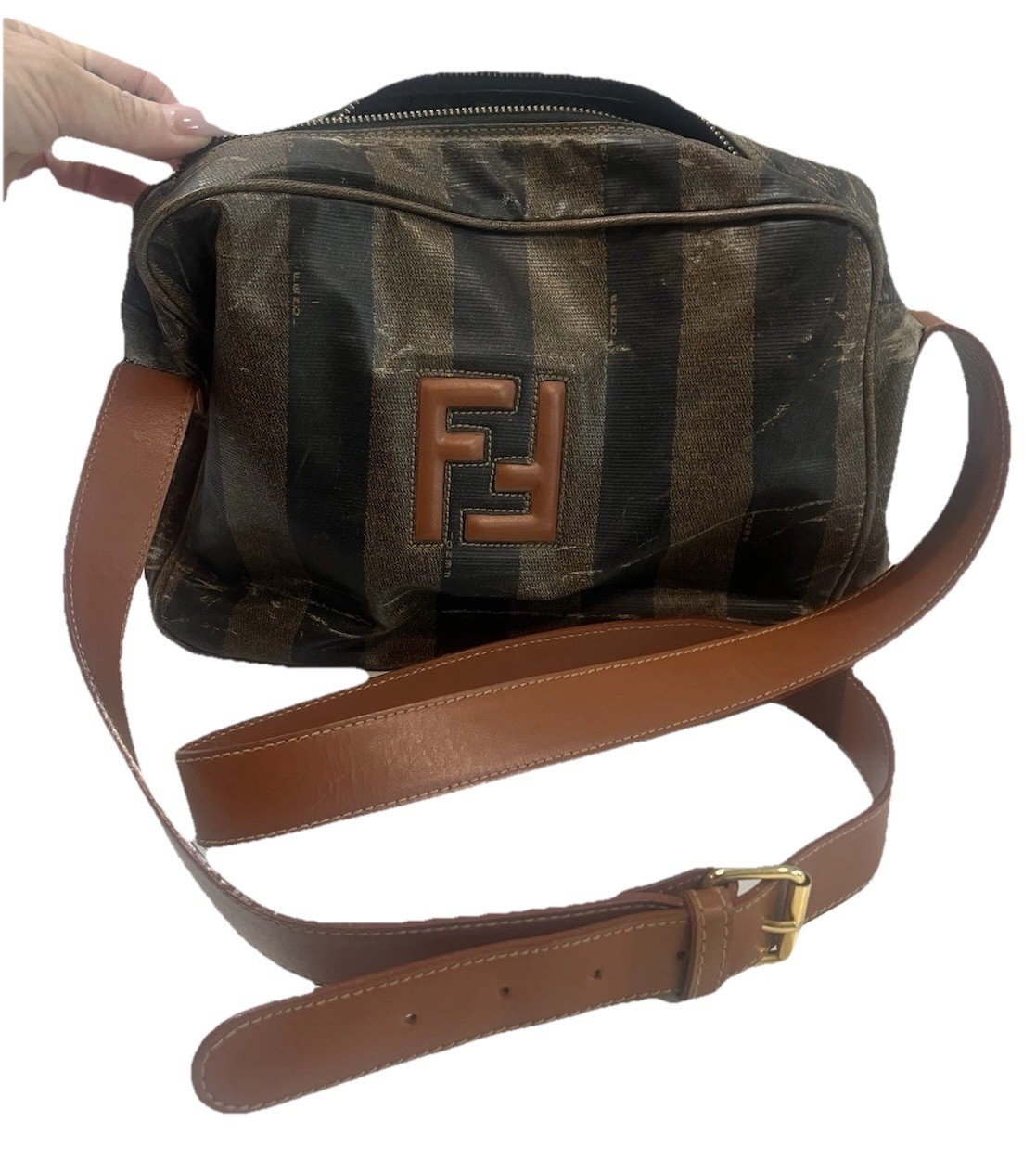 Fendi Bag Crossbody FF Logo Purse Brown Stripe Gold Buckle Zucca Long Man Camera