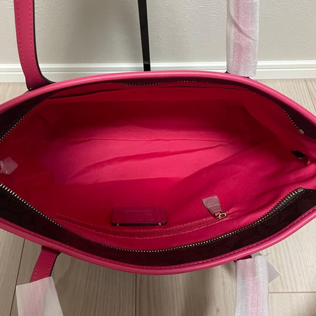 Coach Signature Tote Bag Pink Leather 29x46cm/11.4×18.1in Used