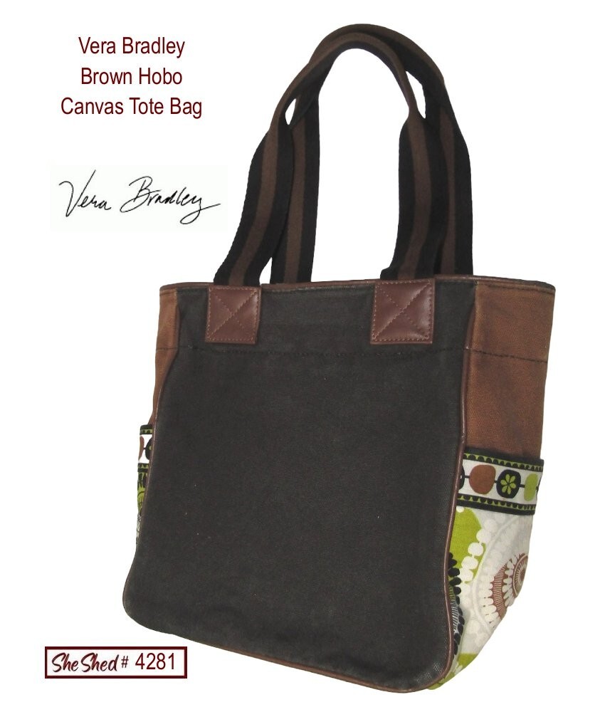 Vera Bradley Cocoa Moss Hobo Canvas Tote – leather edge shows wear, see pictures