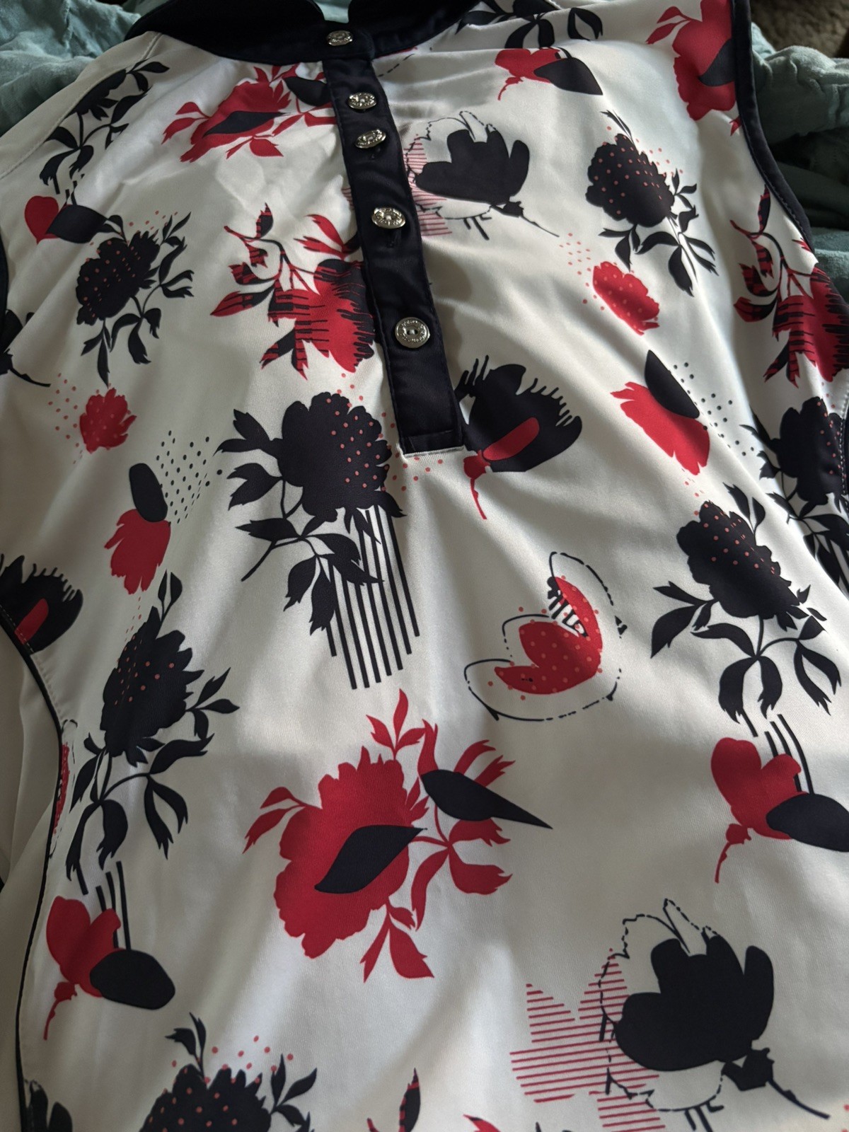 Green Lamb Golf Top size 12 White with Black & Red Print Equestrian Riding