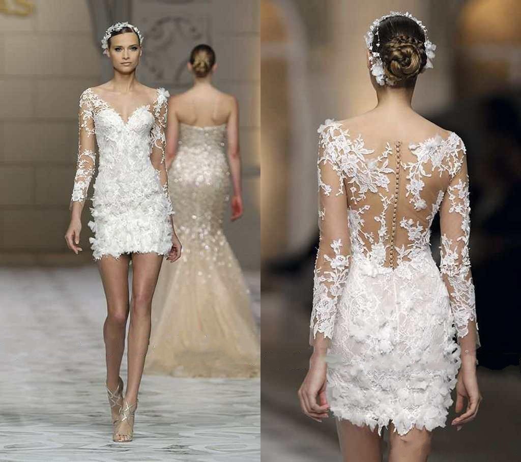 Long Sleeve Short Lace Wedding Dress Bridal Gown Custom Size 2 4 6 8 10 12 14 16