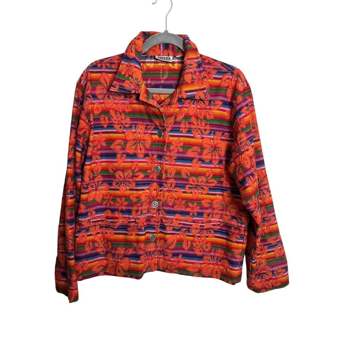 Chico’s Design Bright Orange Artsy Floral Stripe Button-Front Jacket Beaded